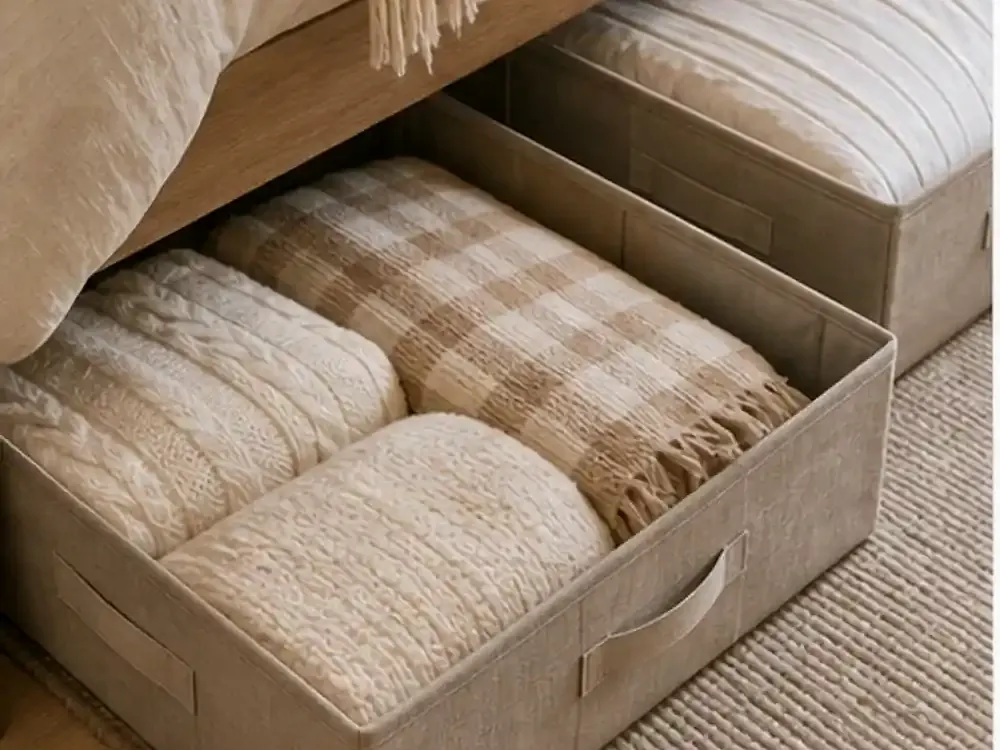 Rolling Bins Under Bed with visible categories, calm styling, and reachable storage