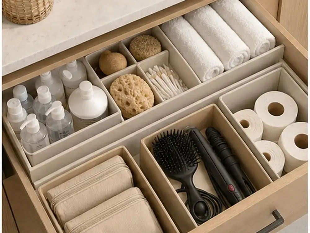 Flacher Badezimmerschrank mit praktischer Aufbewahrung, Struktur und natürlichem Tageslicht