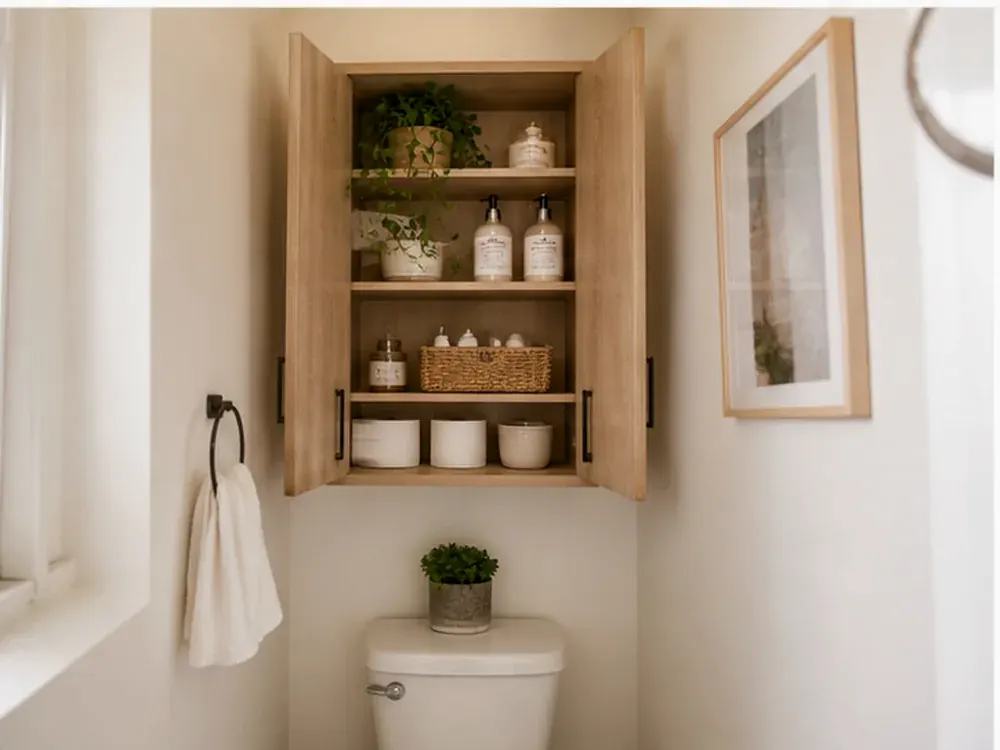 Flacher Badezimmerschrank mit sichtbaren Kategorien, ruhigem Design und leicht zugänglichem Stauraum