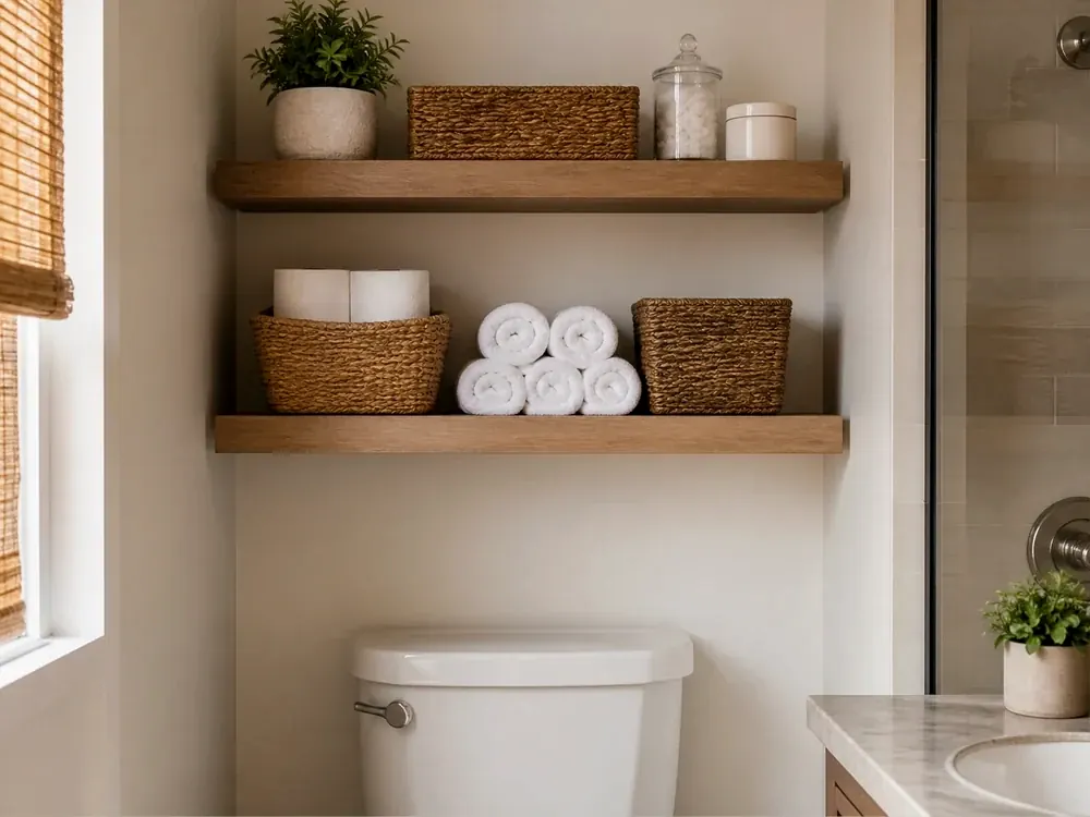Regale für Badezimmer-Waschtische mit sichtbaren Kategorien, ruhigem Design und leicht zugänglichem Stauraum
