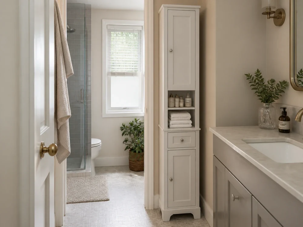 skinny bathroom cabinet editorial image 1