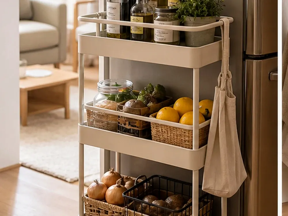 Slim Kitchen Storage with a clear route and warm home-organizing detail