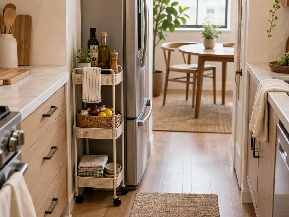 Slim Kitchen Storage with visible categories, calm styling, and reachable storage