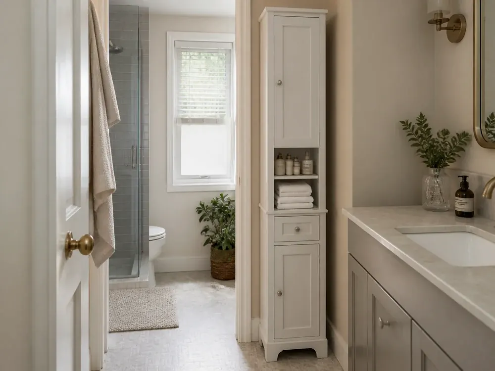 Kleiner Badezimmerschrank mit Schubladen mit sichtbaren Kategorien, ruhigem Design und leicht zugänglichem Stauraum