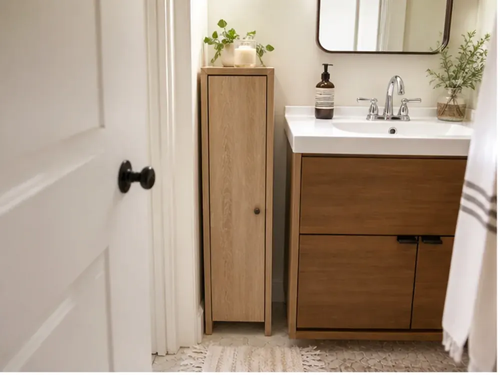 Kleiner Badezimmer-Bodenschrank mit praktischer Aufbewahrung, Struktur und natürlichem Tageslicht