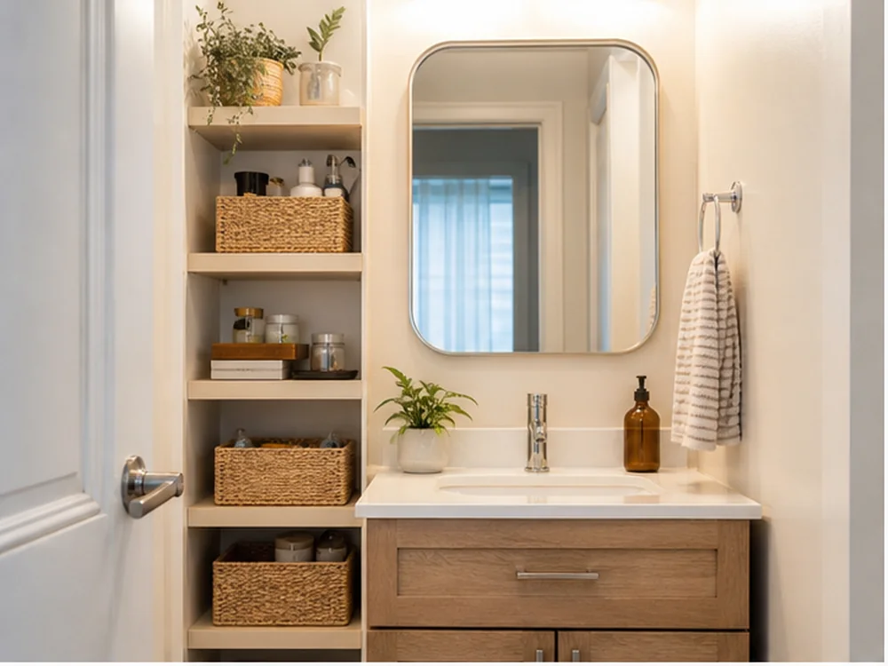 small bathroom storage in a small apartment showing zone system rule 1