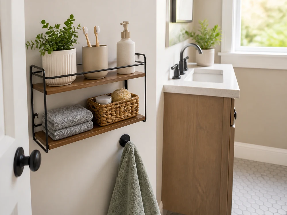 Narrow bathroom wall shelf near a vanity with daily essentials and towel hook