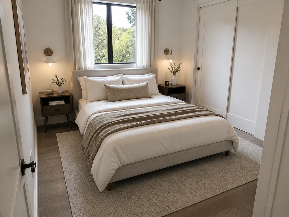 Small bedroom bed centered under a window with slim nightstands, wall lights, rug, and closet clearance