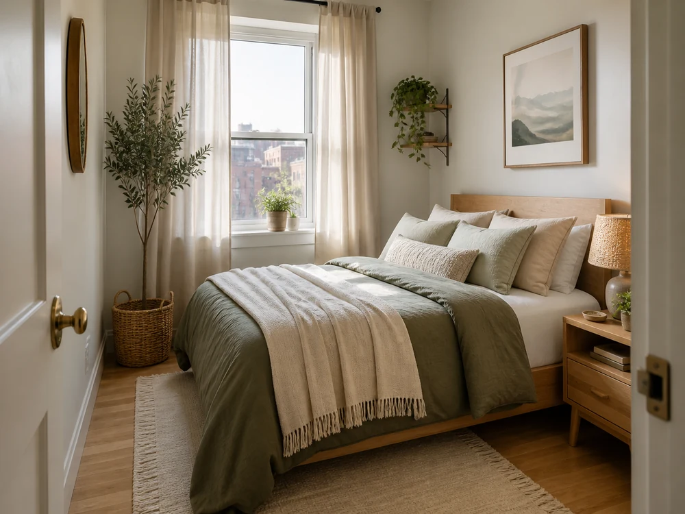 Small bedroom decor with layered bedding, wall art, plant, and clear walking space