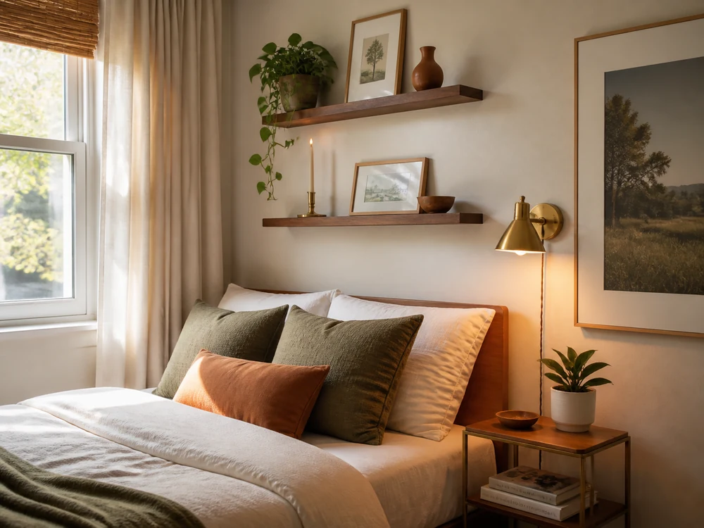 Small bedroom decor using picture ledges, warm bedside light, and calm textiles