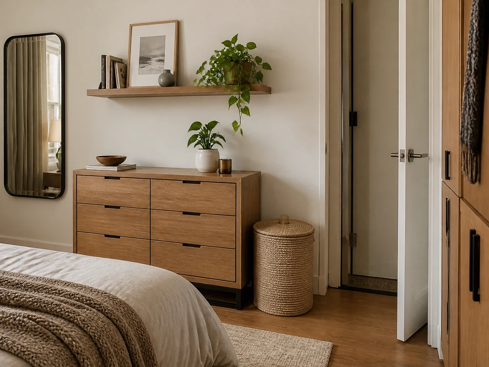 Compact bedroom dresser with mirror, shallow storage, and enough door clearance
