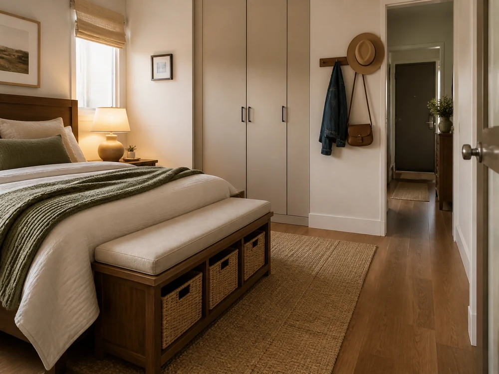 Small bedroom furniture layout with storage bench, wardrobe, wall hooks, and a calm walking lane