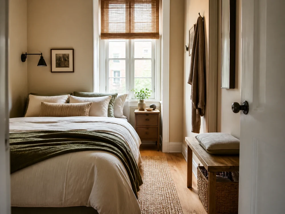 Adult small bedroom with tailored bedding, nightstand, and calm window light