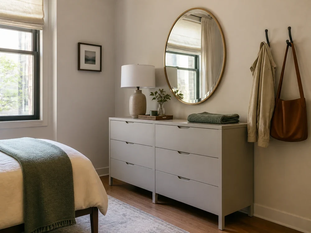 Small adult bedroom with dresser, round mirror, hooks, and folded linens