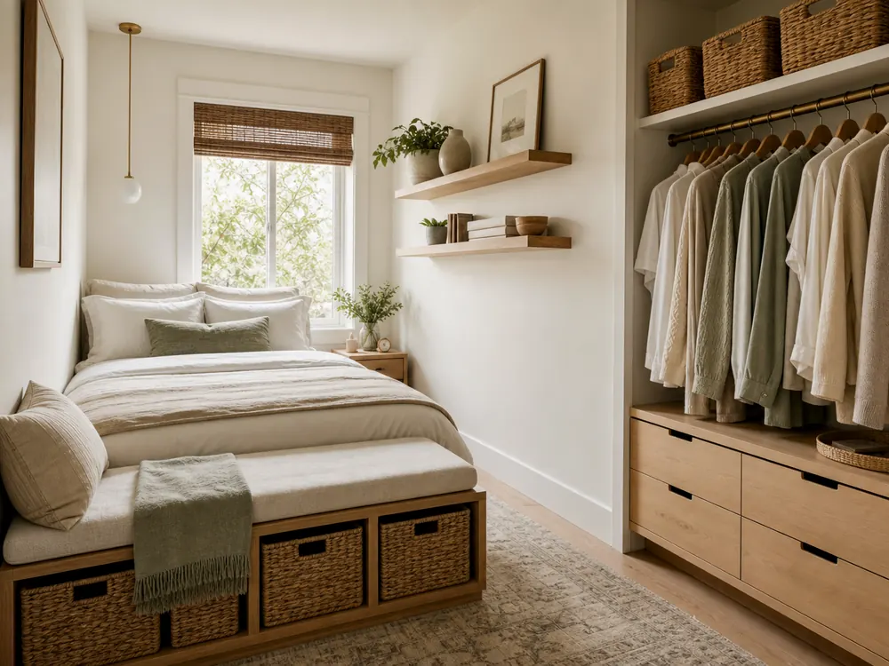 Rénovation d'un petit placard avec catégories visibles, style calme et rangement accessible