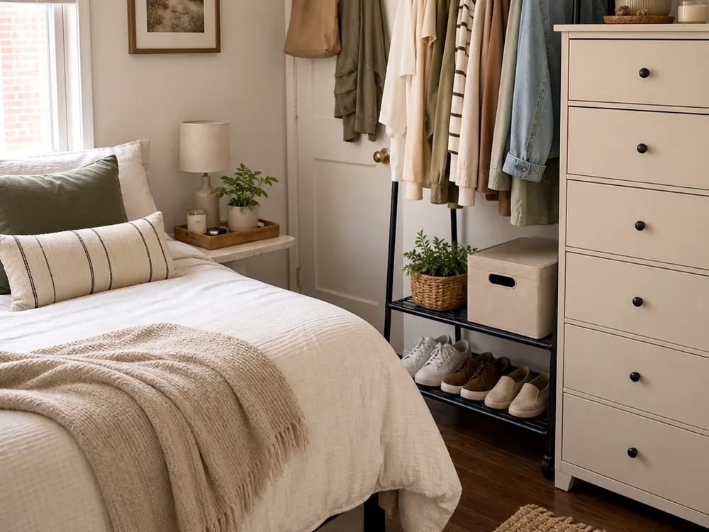 Small Closet Renovation with a clear route and warm home-organizing detail