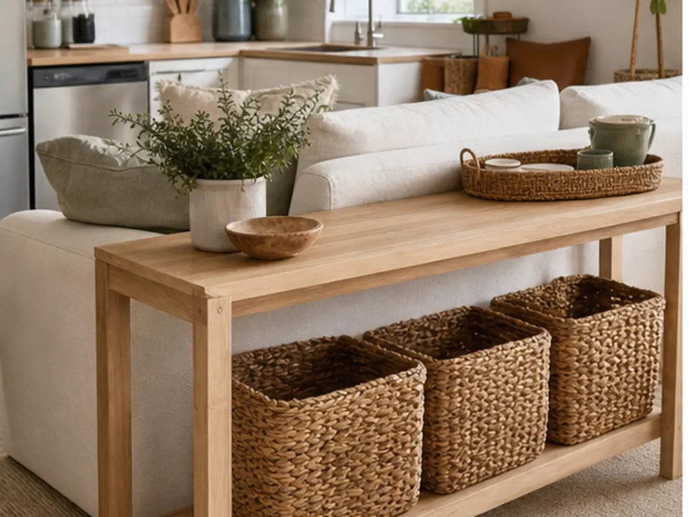 Ideas de muebles para sala pequeña que muestran almacenamiento práctico, textura y luz natural