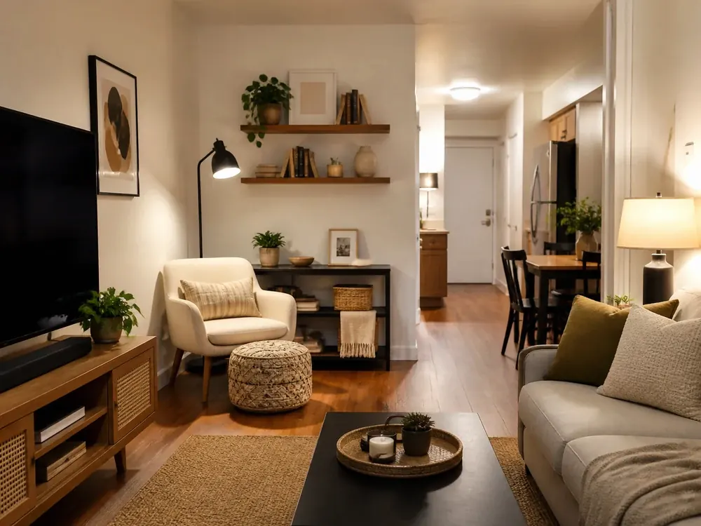 Ideas de diseño de salas pequeñas que muestran almacenamiento práctico, textura y luz natural