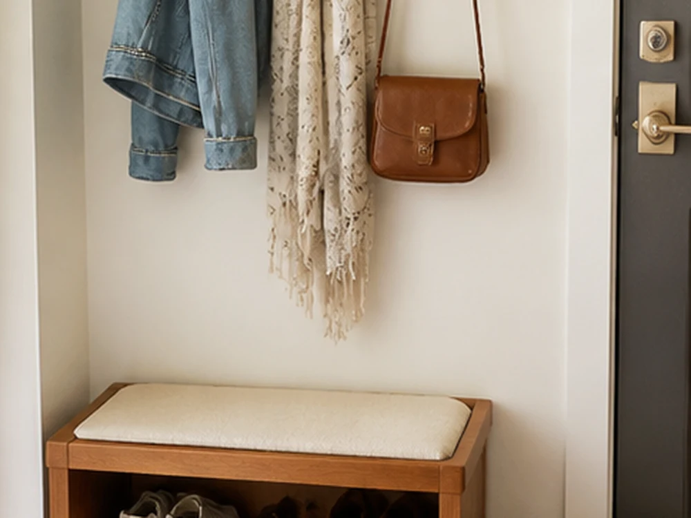 Kleine Eingangsbank mit Garderobe, geordneten Schuhen und Jacken ohne Bodenkontakt