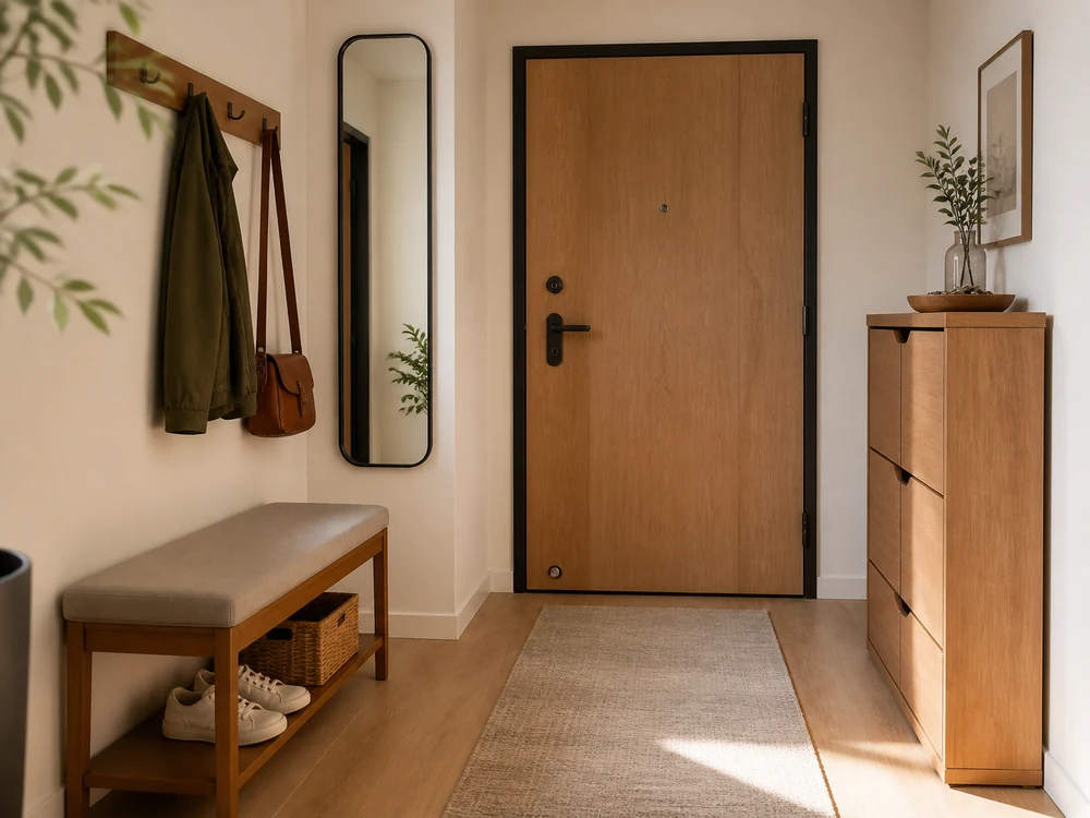 Small entryway design with bench, mirror, hooks, and clear door swing