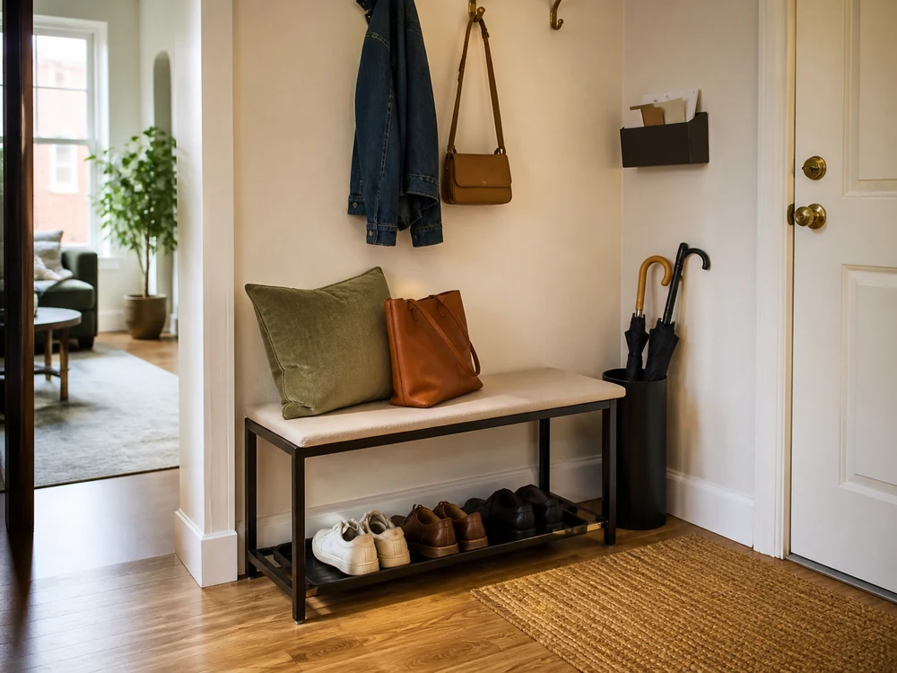 Compact entry bench with shoes contained below, bags on hooks, and a clear walking lane