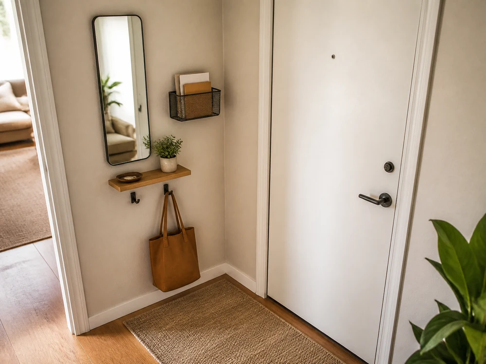 Small entryway corner with mirror, mail pocket, hooks, plant, and slim landing ledge
