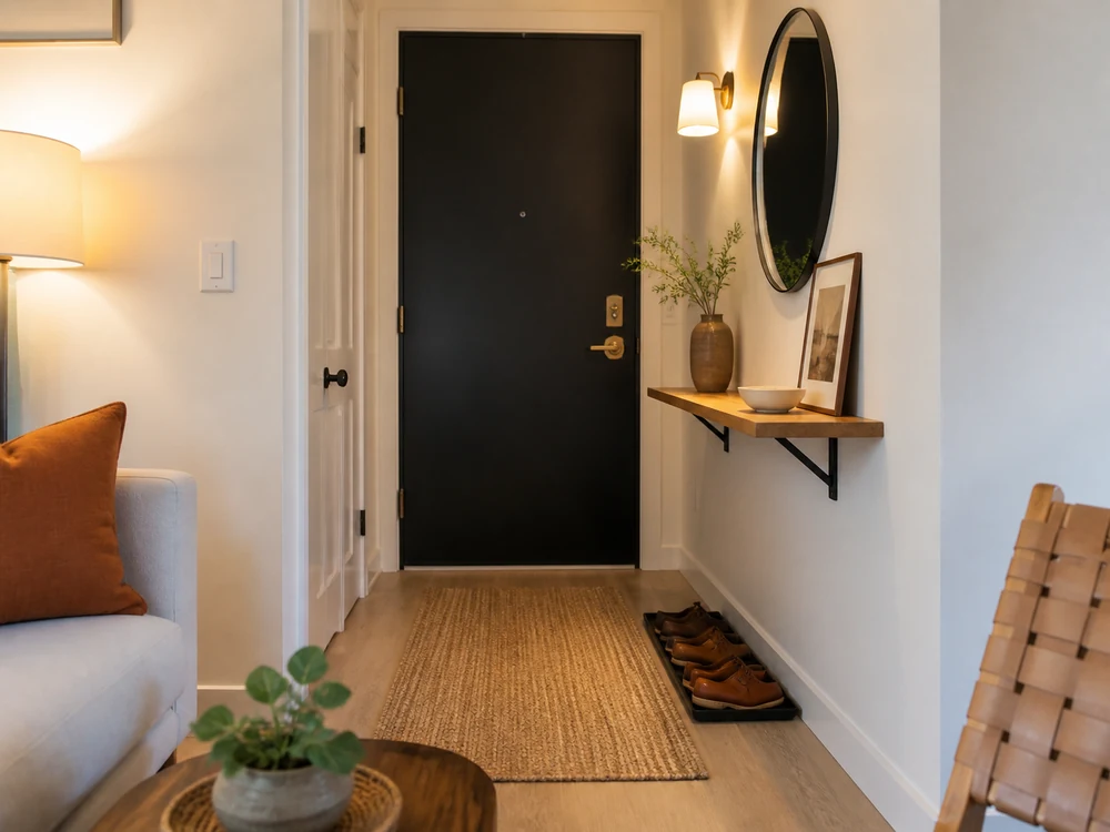 Small foyer decorated with a narrow ledge, mirror, shoe tray, rug, and clear entry path
