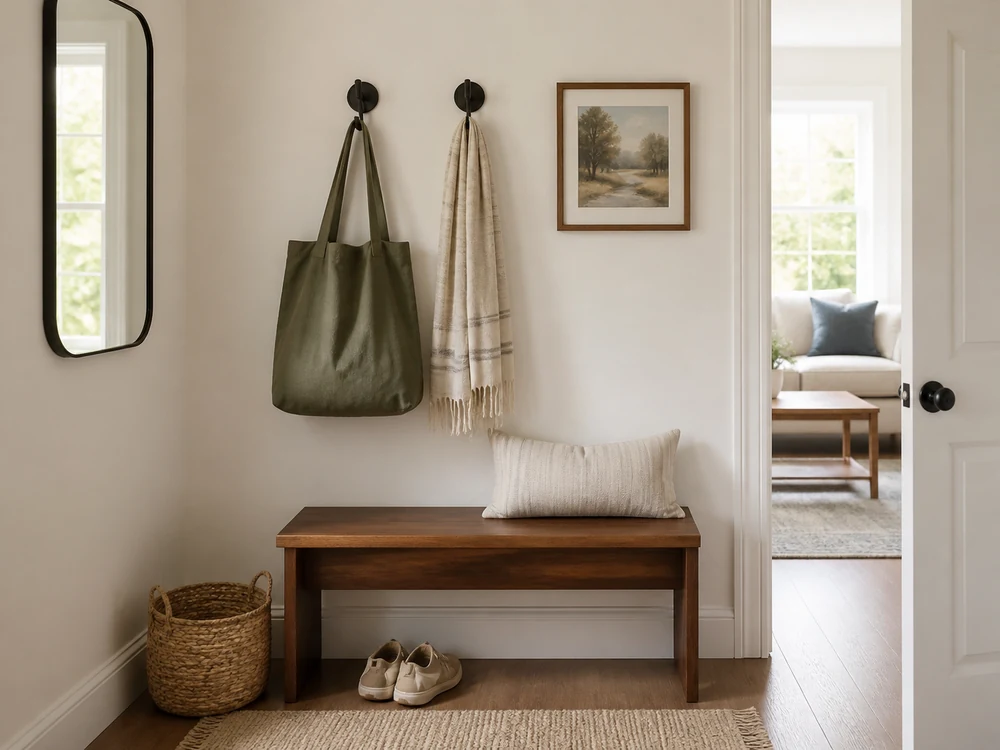 Small foyer wall with light hooks, narrow bench, basket, art, and open floor space
