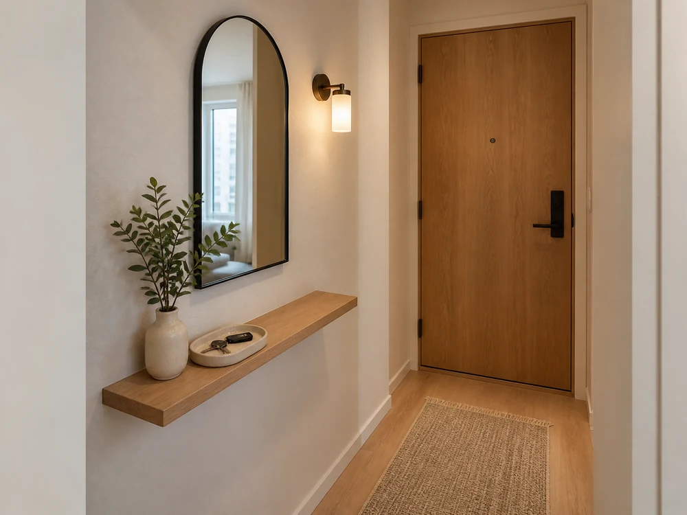 Tiny foyer niche with arched mirror, sconce, floating shelf, key tray, and runner