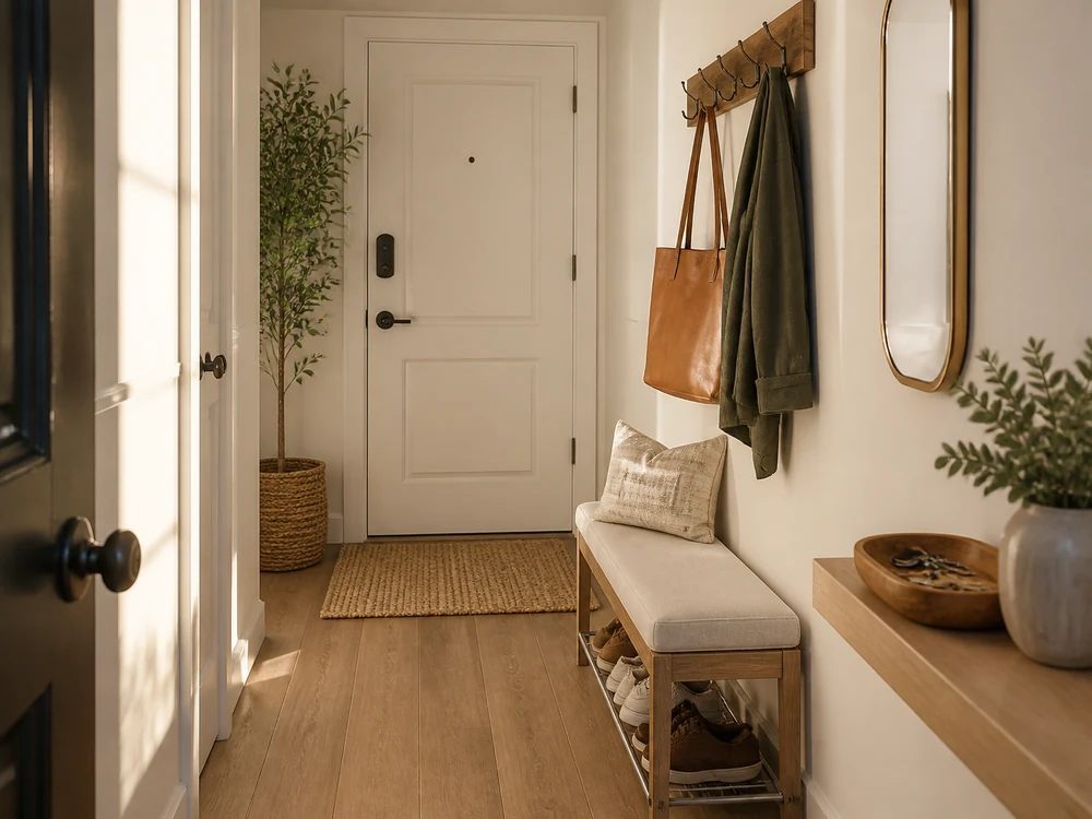 Small foyer design with bench, hooks, shoe tray, mirror, and clear walking lane