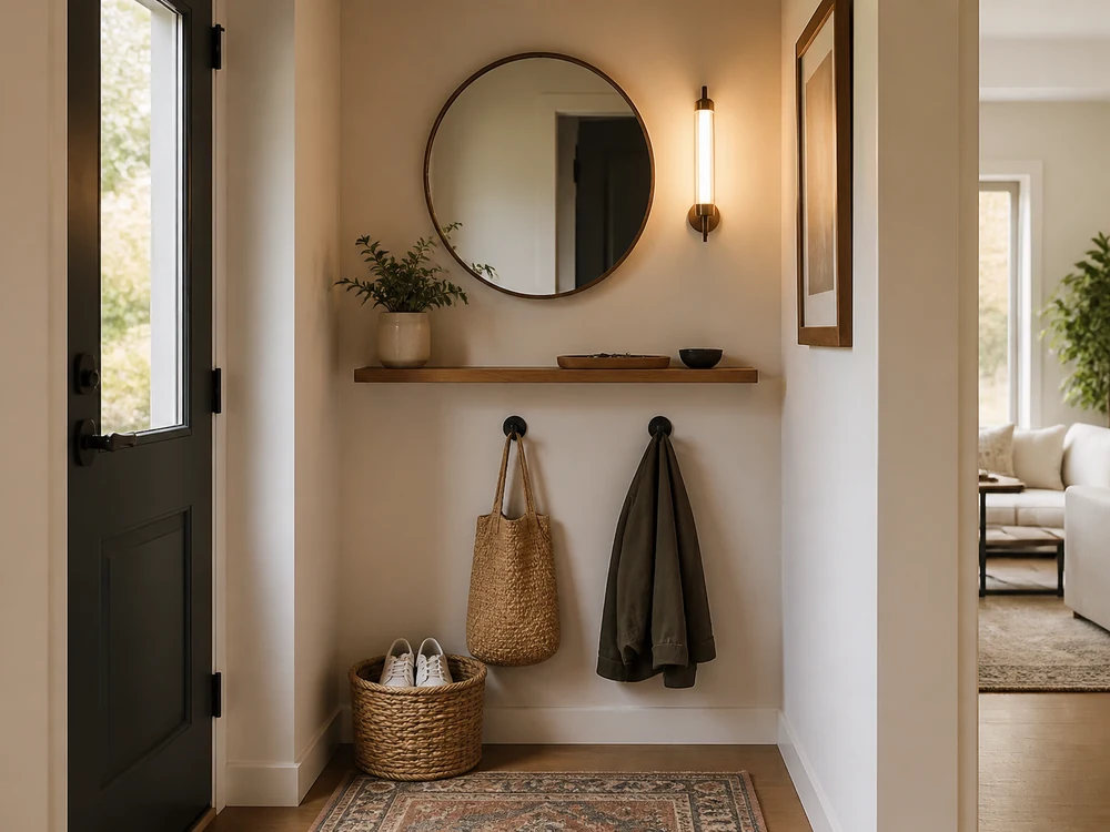 Small foyer nook with round mirror, sconce, key shelf, hooks, and shoe basket