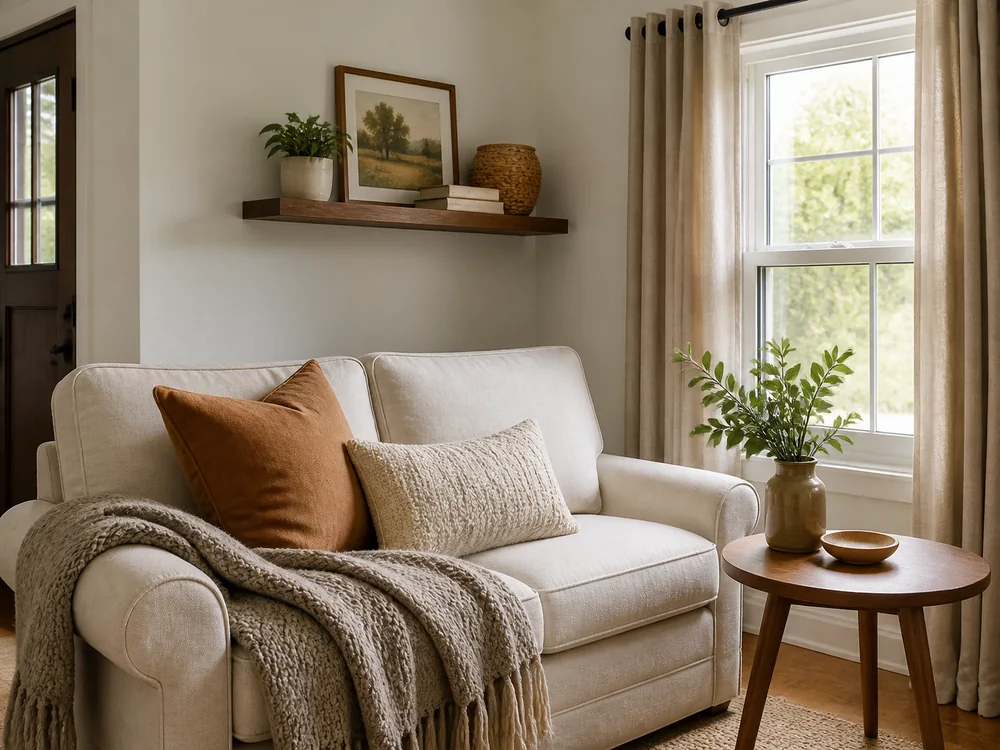 Small front room with layered textiles, loveseat, wall shelf, and window light