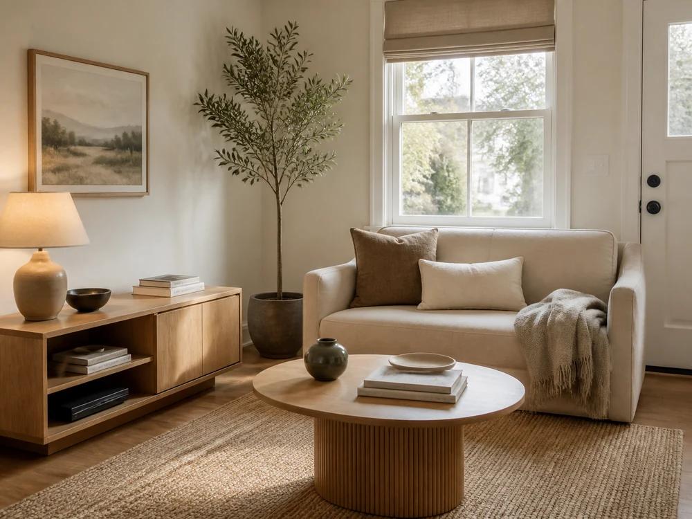Compact front room decor with low cabinet, reset table, plant, and restrained display