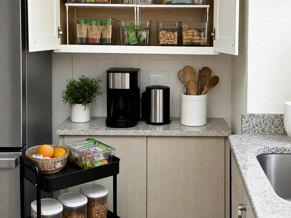 Small Kitchen Organiser Ideas with visible categories, calm styling, and reachable storage