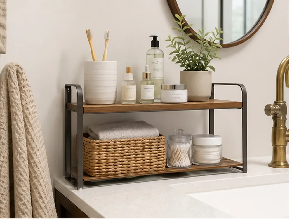 Small bathroom shelf on vanity with baskets, towels, and daily essentials