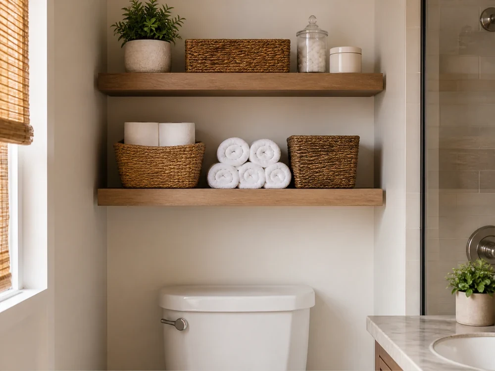 Small bathroom wall shelves above toilet with towels and baskets