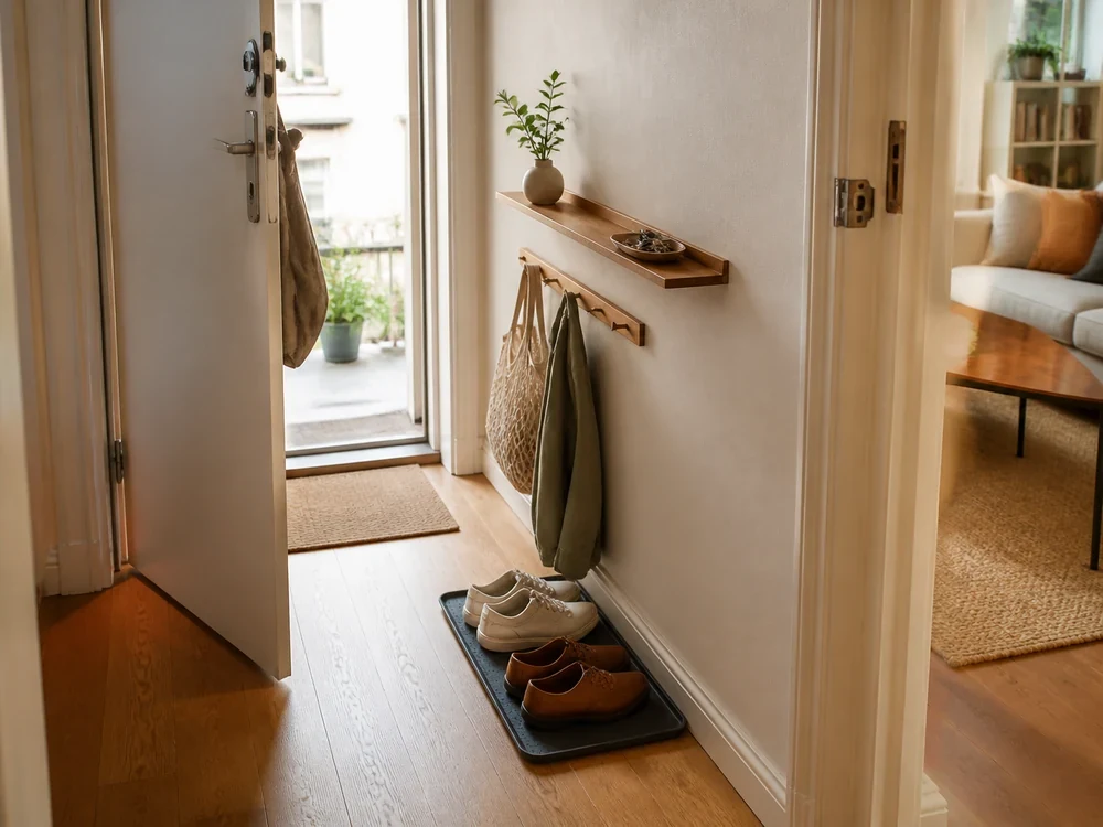 Small shoe rack in entryway with hooks and narrow walking path