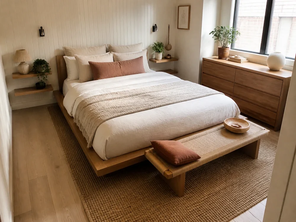 Small sleeping room with low bed, dresser, mirror, and woven storage