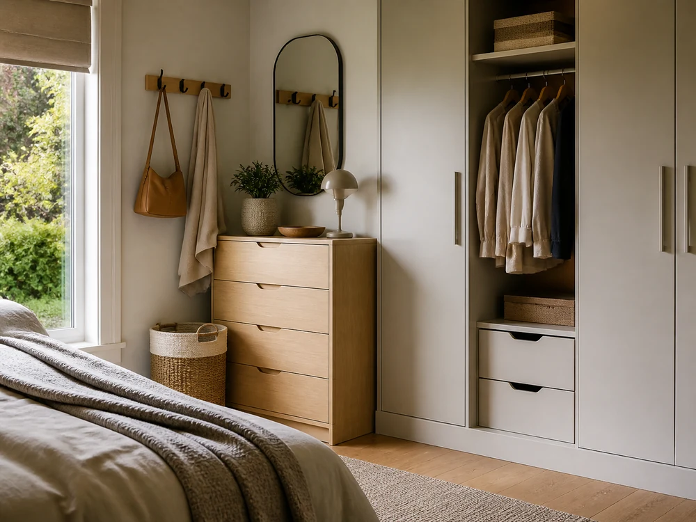 Compact bedroom dresser and wardrobe wall with hooks, mirror, and reachable storage