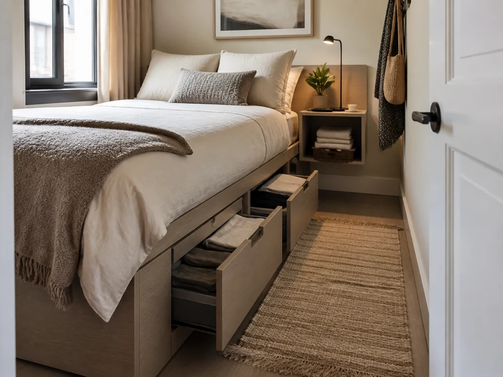 Storage bed in a small bedroom with open drawers, narrow rug, and light bedside table