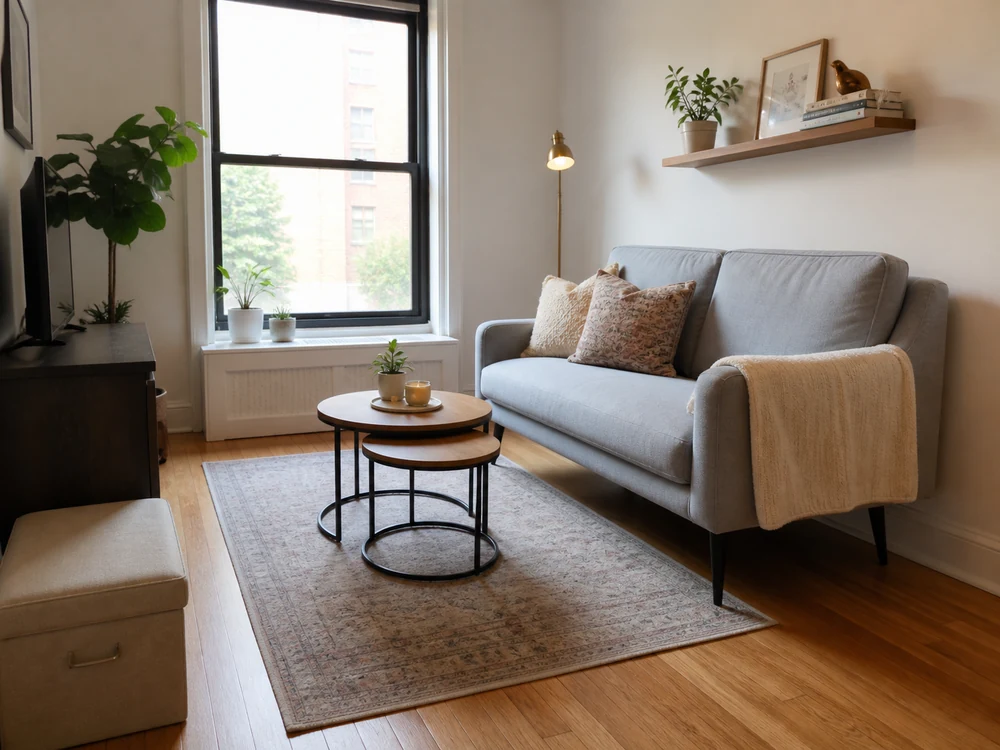 Small living room furniture with a raised loveseat, nesting tables, and visible open floor