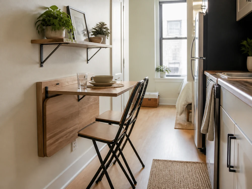 Small studio fold-down table with slim chairs and a clear path through the kitchen area