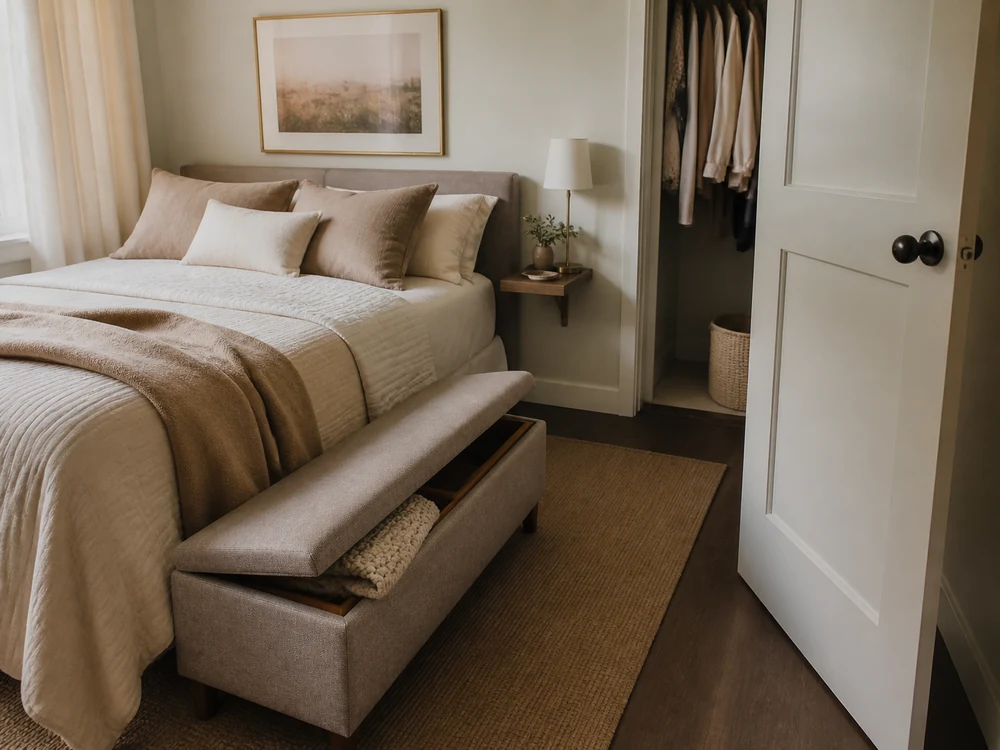 Small bedroom furniture with a floating nightstand, storage bench, and visible closet clearance