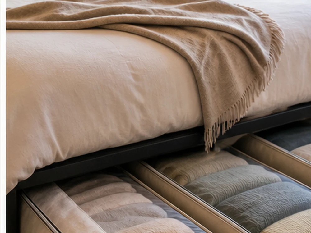 Under-bed textile bags used as small storage solutions for bedrooms with easy pull handles