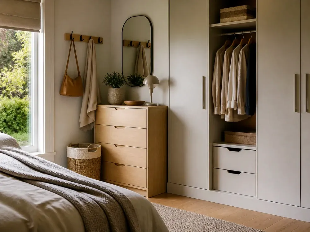 Muebles de dormitorio que ahorran espacio con una ruta clara y detalles cálidos para organizar el hogar