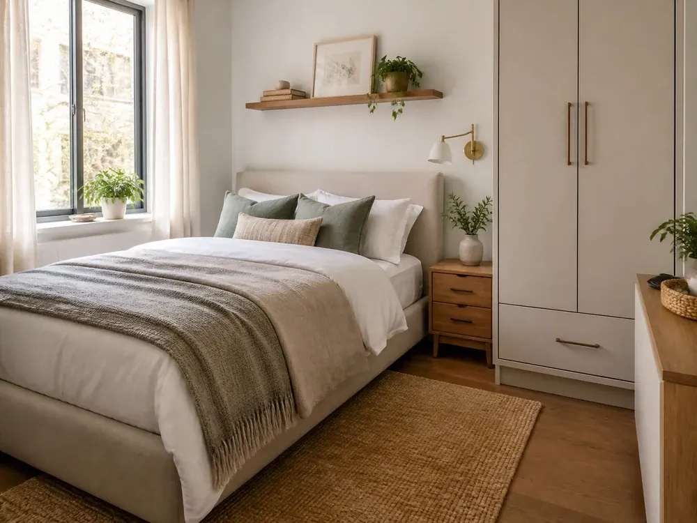 Muebles de dormitorio que ahorran espacio y que muestran almacenamiento práctico, textura y luz natural.