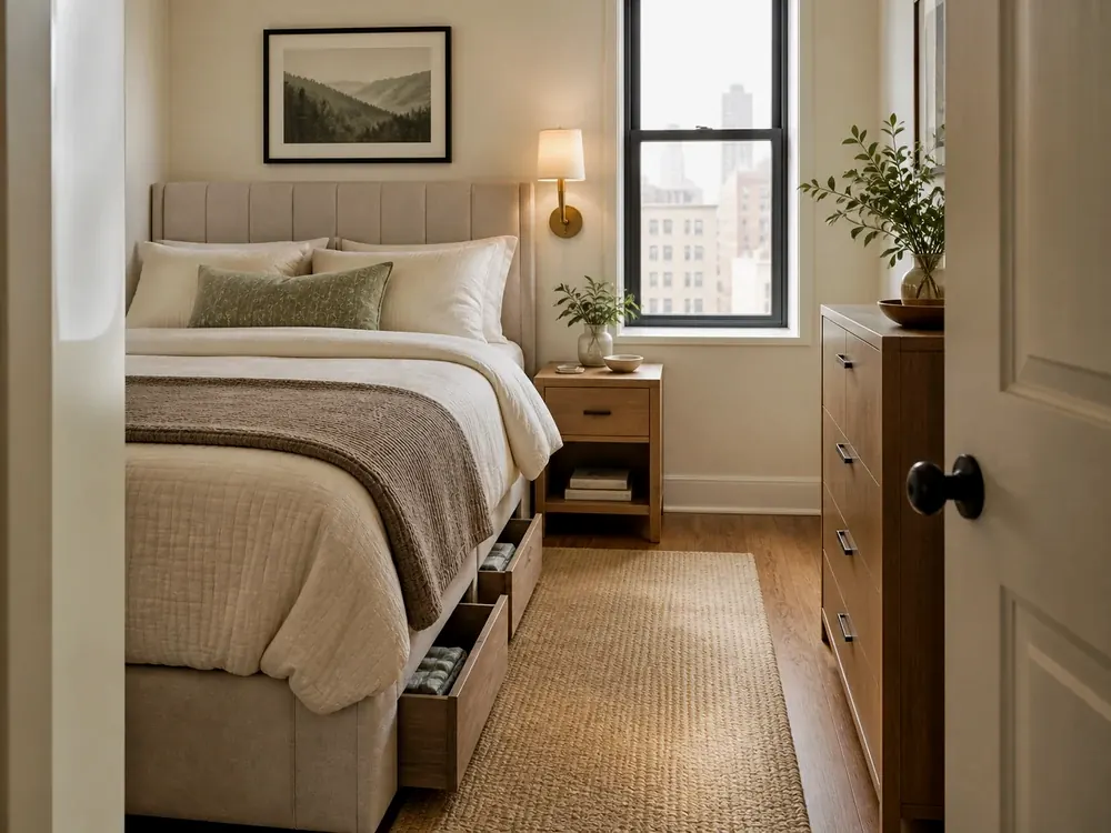 Muebles de dormitorio que ahorran espacio con categorías visibles, estilo tranquilo y almacenamiento accesible