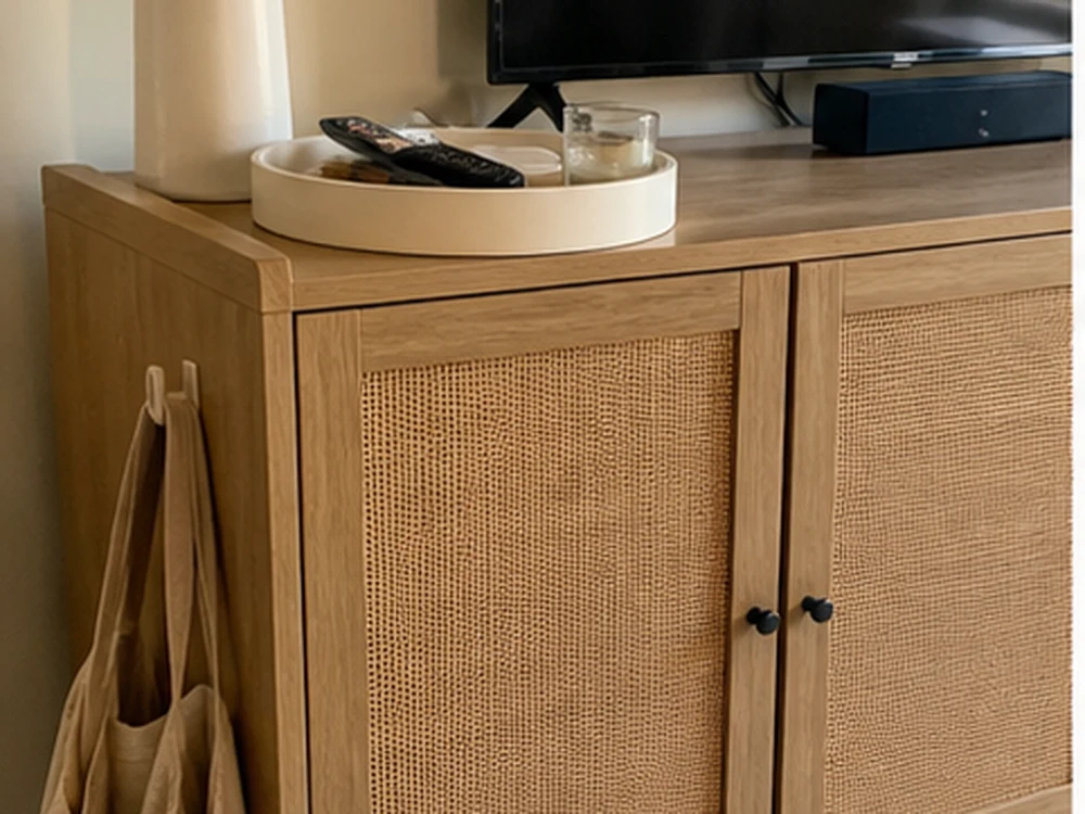 Storage for small spaces using a closed living room cabinet and tray for daily items
