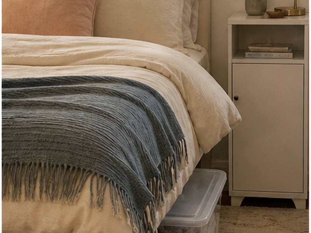 Storage for small spaces with under bed bins and a slim bedside cabinet in a compact bedroom