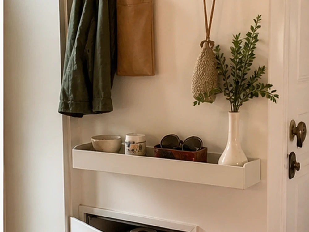 Storage for small spaces using shallow entry hooks, shelves, and hidden paper backstock